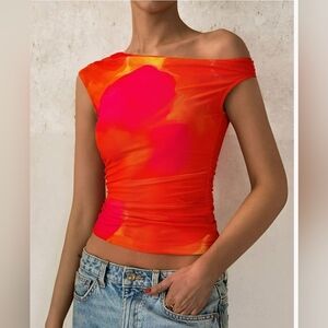 Mesh Sheer Y2k mock neck Sheer Mesh Crop pink orange Tops Asymmetrical